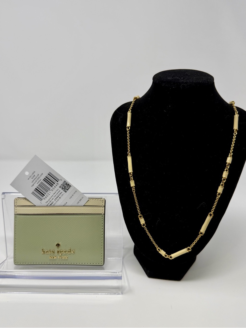 Kate Spade Bundle: Green Card Holder NWT and Gold Tone Necklace EUC